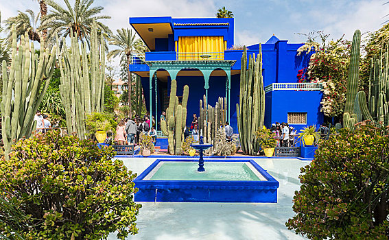 蓝色,房子,马若雷尔花园,植物园,摩尔风格,建筑,物主,玛拉喀什,摩洛哥,非洲