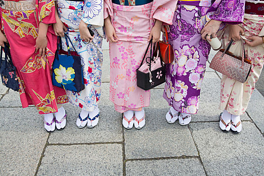 下部,风景,群体,女人,穿,传统,日本,和服,鞋,站立,并排,人行道
