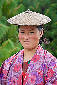 头像,农民,戴着,竹子,帽子,布姆唐,不丹