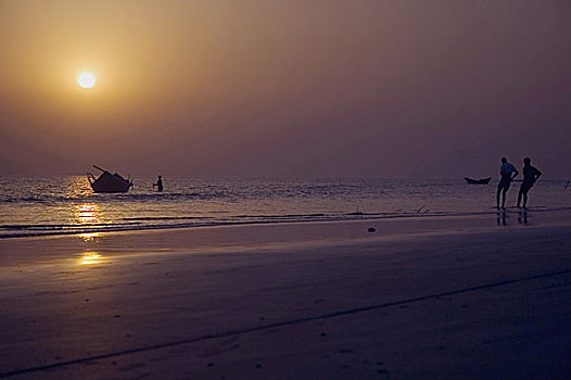 渔民,拉拽,渔船,岸边,海滩,孟加拉,女儿,海洋,一个,自然,斑点,全景,上升,夕阳