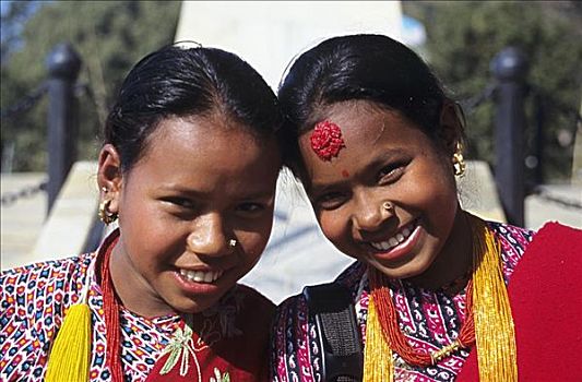 尼泊尔,肖像,两个,微笑,彩色,衣服,节日