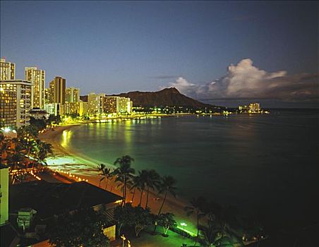 夏威夷,瓦胡岛,钻石海岬,照亮,怀基基海滩,建筑,黄昏