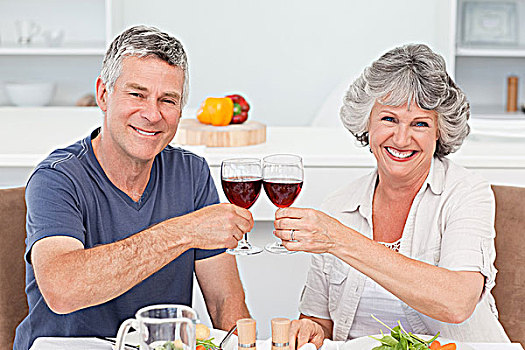 老年,夫妻,喝,葡萄酒,在家