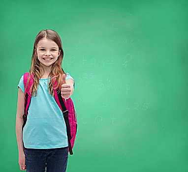 教育,手势,学校,概念,高兴,微笑,小女孩,书包,展示,竖大拇指