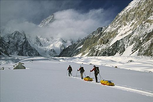 滑雪者,接近,乔戈里峰,顶峰,世界,喀喇昆仑山,巴基斯坦
