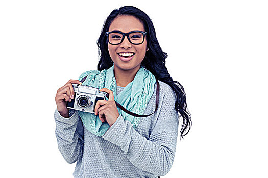 亚洲女性,拿着,数码相机,白色背景