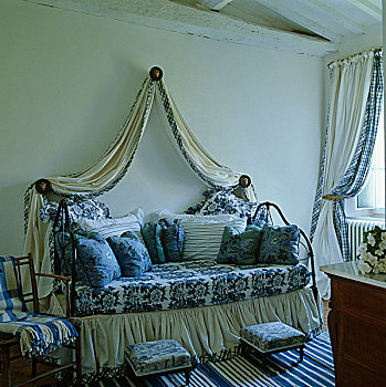 熟铁,沙发床,装饰,品种,蓝色,白色,布