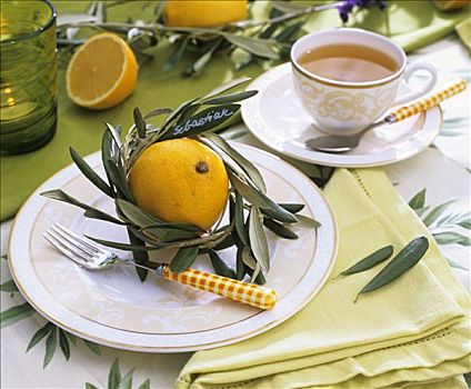 桌子,柠檬,橄榄枝