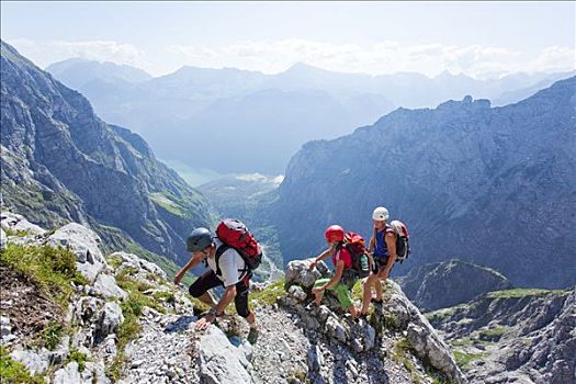 登山者,山,贝希特斯加登阿尔卑斯山,巴伐利亚,德国,俯拍