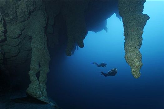 两个,潜水,调查,蓝色,洞,国家纪念建筑,洞穴,巨大,深度,环礁,伯利兹,中美洲,加勒比海