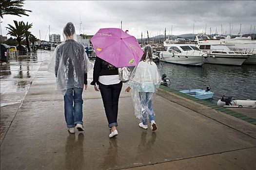 女人,伞,雨,孩子,港口,伊比沙岛,巴利阿里群岛,西班牙