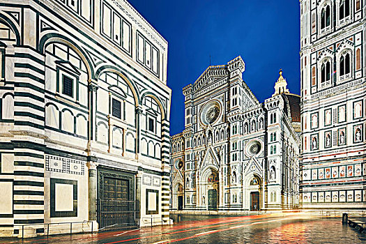 风景,佛罗伦萨大教堂,洗礼堂,圣约翰,钟楼,夜晚,佛罗伦萨,意大利