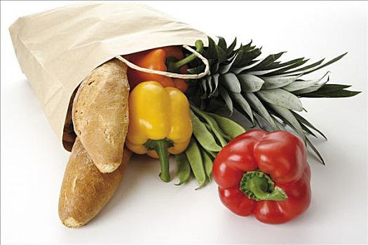 水果,蔬菜,法棍面包,纸,购物袋