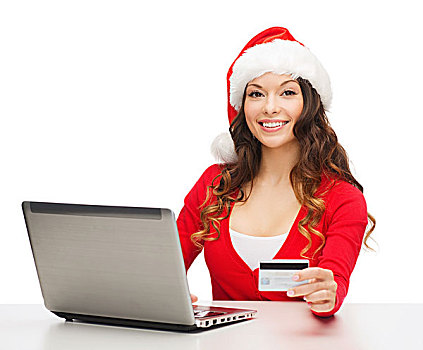 圣诞节,圣诞,网上购物,概念,女人,圣诞老人,帽子,笔记本电脑,信用卡