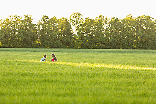 远景,图像,女孩,坐,草场