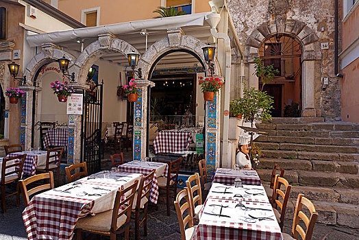 餐馆,老城,陶尔米纳,西西里,意大利,欧洲