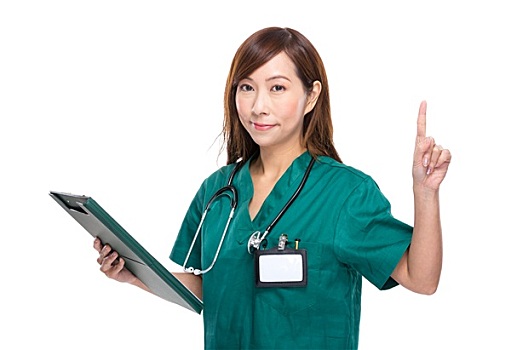 亚洲女性,医生,写字板,手指,向上