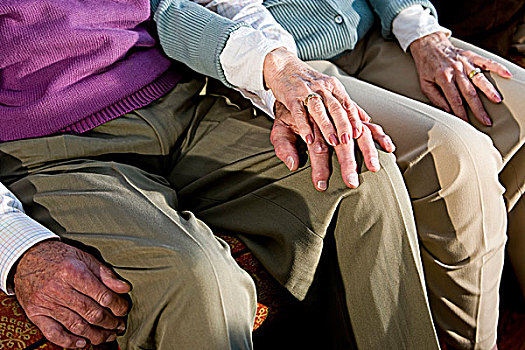 手,老年,夫妻,接触,膝