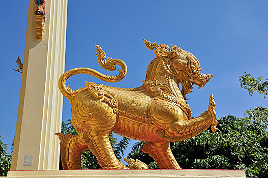镀金,狮子,监护,雕塑,入口,寺院,省,泰国,亚洲