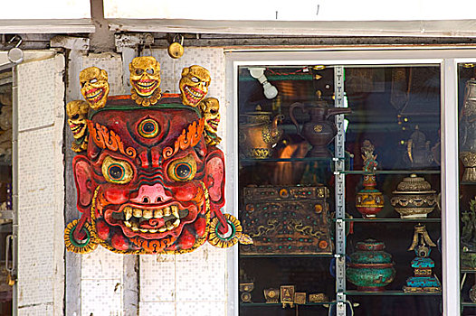 传统,木质,面具,墙壁,玩物,店,廷布,不丹,十一月,2007年