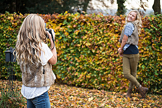 女孩,摄影,姐妹,秋天,花园,树篱