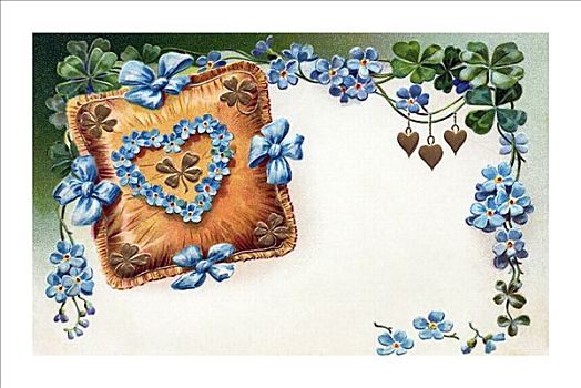 枕头,紫罗兰,三叶草,怀旧,情人节,明信片,19世纪