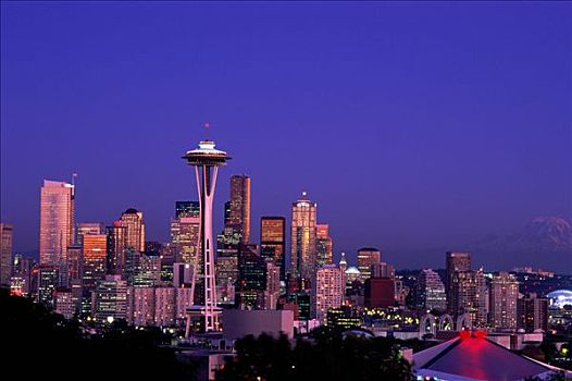 城市天际线,太空针,雷尼尔山,背景,夜景,西雅图,华盛顿,美国