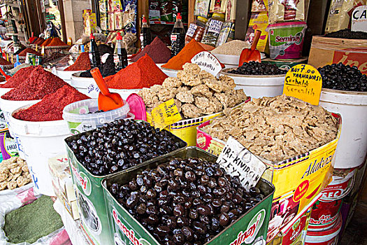 土耳其,麦地那,香料市场,老,集市,出售,橄榄,调味品,胡椒,红辣椒,姜,咖哩,牛至,姜黄,桂皮