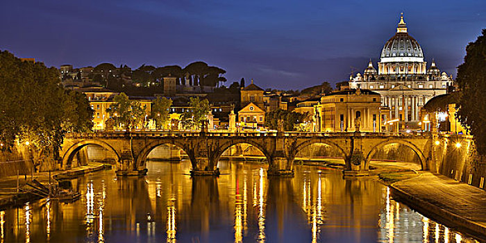 圣彼得大教堂,正面,圣天使桥,桥,台伯河,蓝色,钟点,梵蒂冈,罗马,拉齐奥,意大利,欧洲