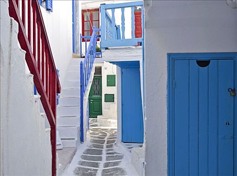 白房子,彩色,栏杆,门,框架,涂绘,铺路石,米克诺斯岛,基克拉迪群岛,希腊,欧洲