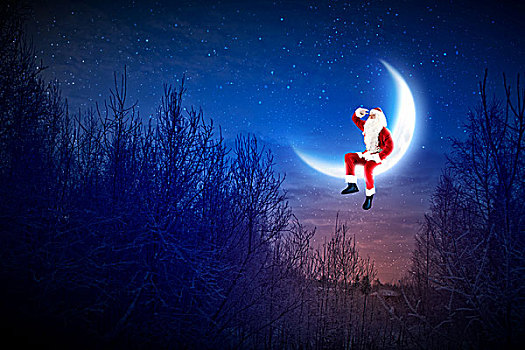 照片,圣诞老人,坐,光泽,月亮,高处,冬日树林