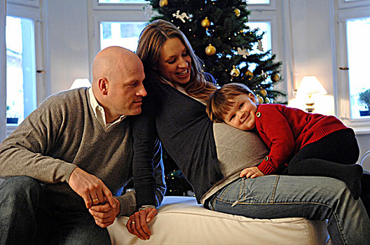 高兴,家庭,女儿,父亲,怀孕,母兽,圣诞树