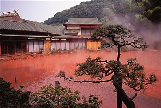 日本,九州,火山,水池,水疗,热,血,红色,湖