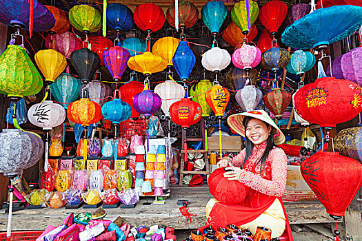 越南,会安,老城,女孩,制作,纸灯笼