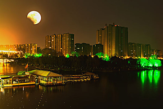 月全食,红月亮,美艳城市