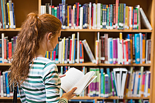 红发,学生,读,书本,架子,图书馆