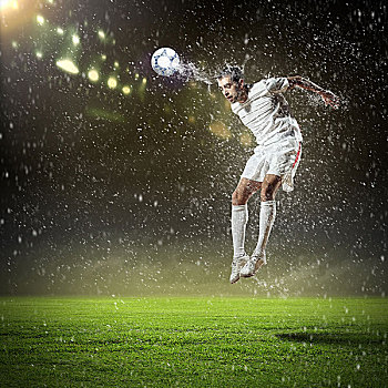 球员,白衬衫,惊人,球,头部,体育场,雨