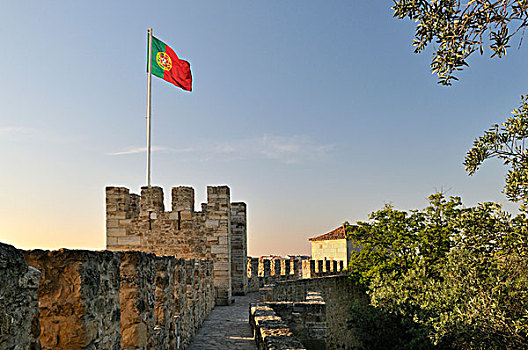 墙壁,城垛,旗帜,葡萄牙,摩尔风格,城堡,乔治,里斯本,欧洲