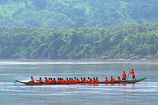 龙,船,团队,橙色,t恤,比赛,河,琅勃拉邦,北方,老挝,东南亚