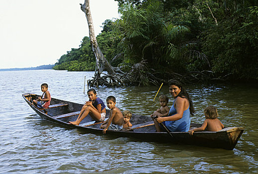 巴西,亚马逊河,靠近,母子,独木舟