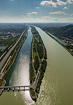 航拍,多瑙河,岛屿,运河,建筑,下奥地利州,奥地利,欧洲
