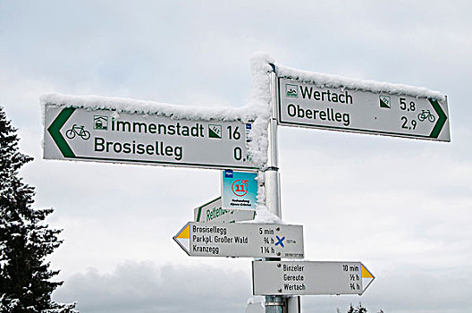 标志物,远足者,骑车,第一,下雪,秋天,区域,巴伐利亚,德国,欧洲