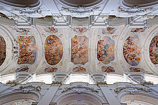 天花板,拱顶,壁画,教堂,毛里求斯,寺院,下巴伐利亚,巴伐利亚,德国,欧洲