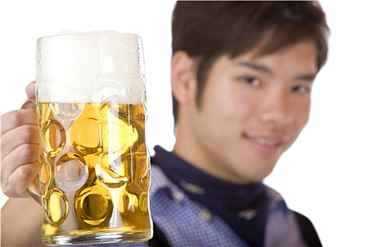 亚洲人,啤酒大杯,手,微笑