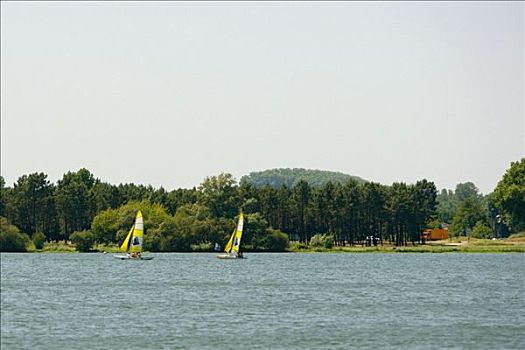 两个,帆船,湖,波尔多,阿基坦,法国