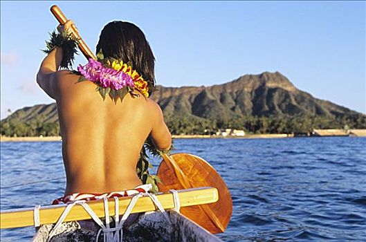 夏威夷,瓦胡岛,女人,划船,舷外支架,独木舟,裸露上身,后面,钻石海岬,远景,无肖像权