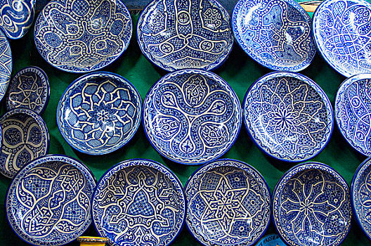 非洲,摩洛哥,卡萨布兰卡,传统,工艺品,市场,陶器,蓝色,白色,盘子
