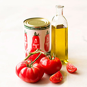 简单,西红柿,橄榄油,安静,白色背景