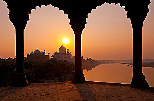 印度,北方邦,泰姬陵,河,框架,拱,日落