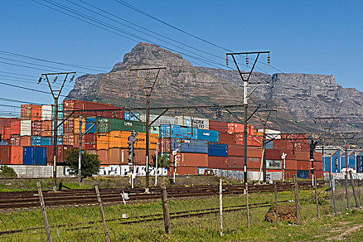 集装箱码头,轨道,桌山,背影,开普敦,南非,非洲
